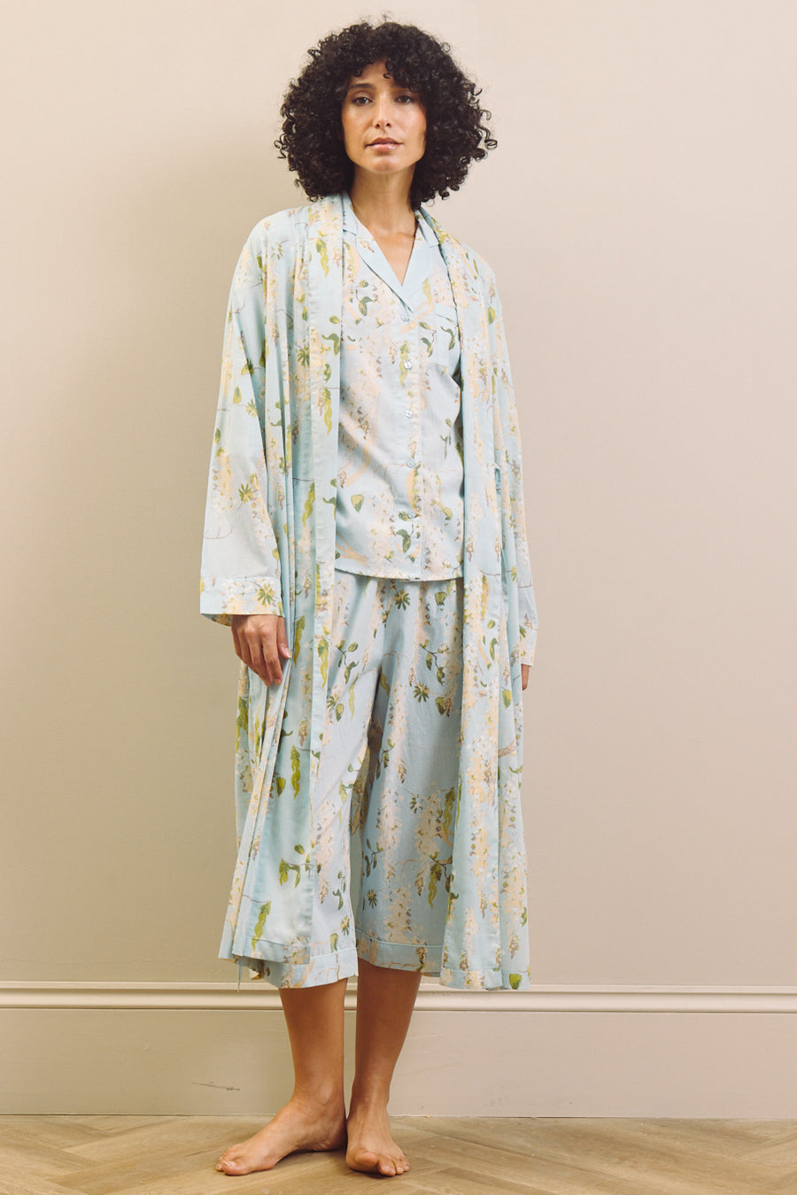 Blauweregen voile grandpa-ochtendjas, babyblauw