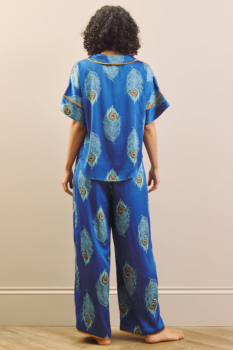 Pauwenoog satijnen oversized pyjama, marineblauw