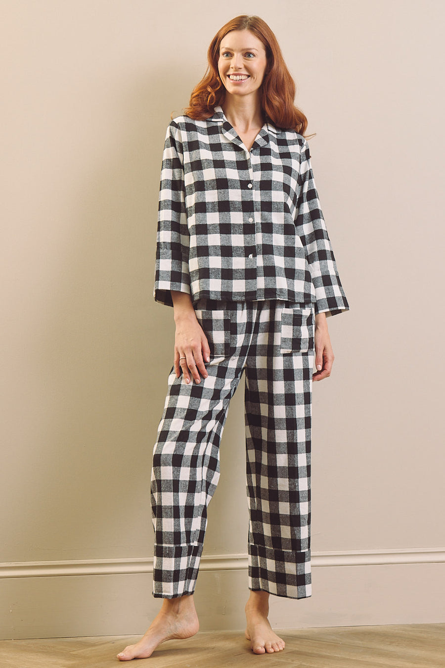 Zwarte gingham geborstelde katoenen boxy pyjama