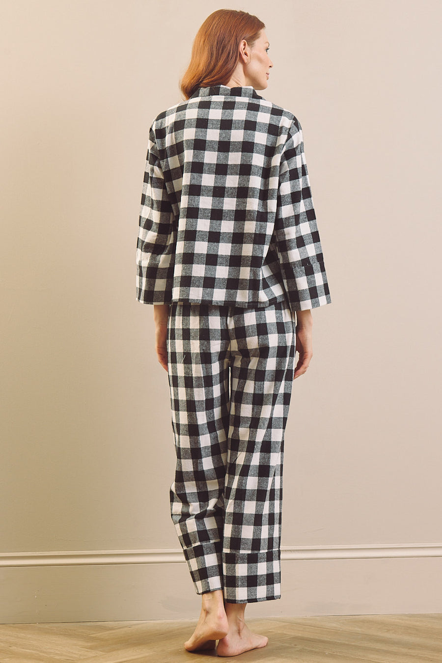 Zwarte gingham geborstelde katoenen boxy pyjama