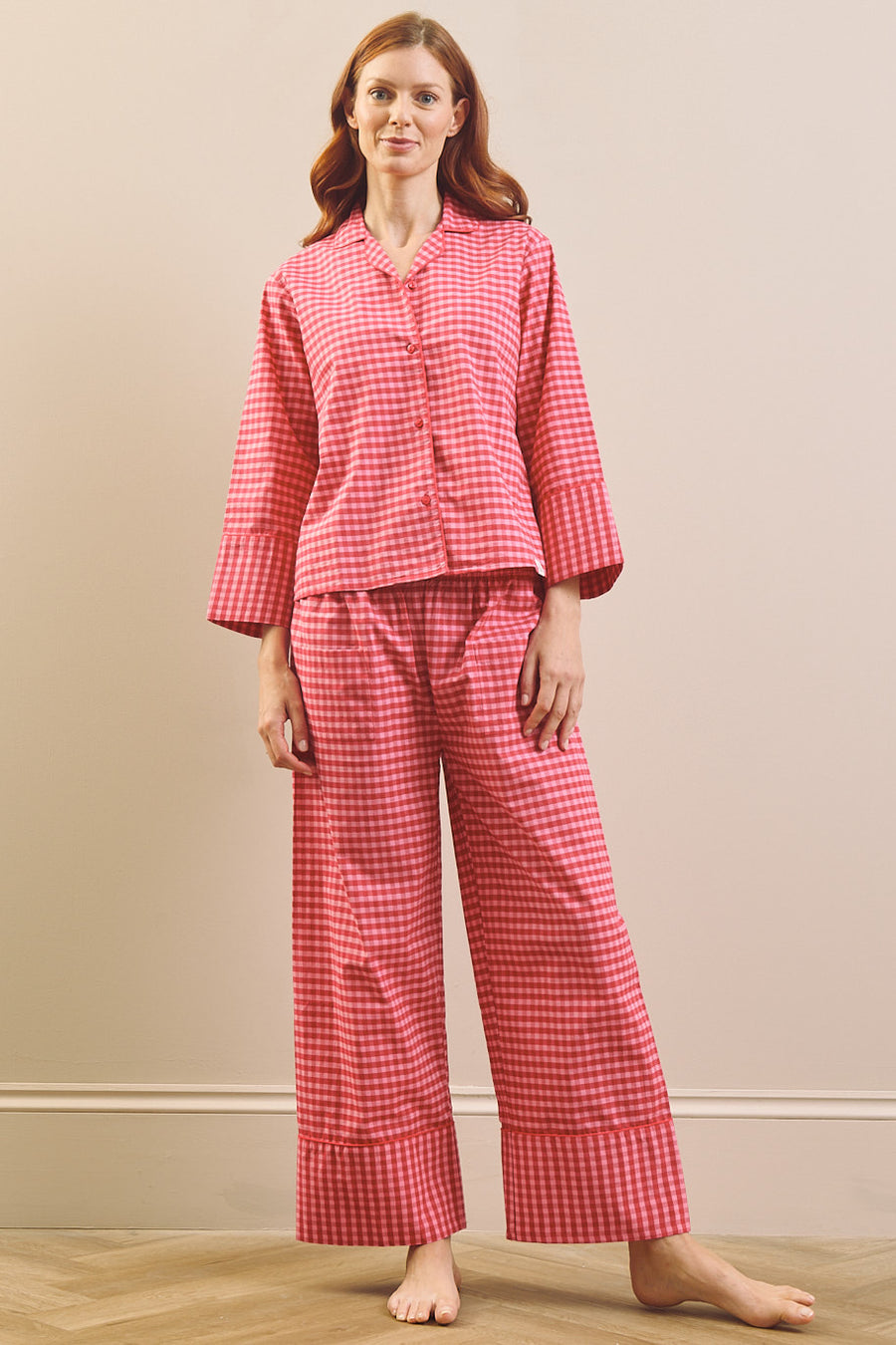 Roze gingham katoenen boxy pyjamaset